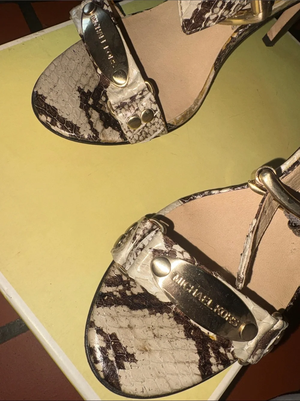 MICHAEL Michael Kors Snake-Print Strappy Heels in Black and Cream